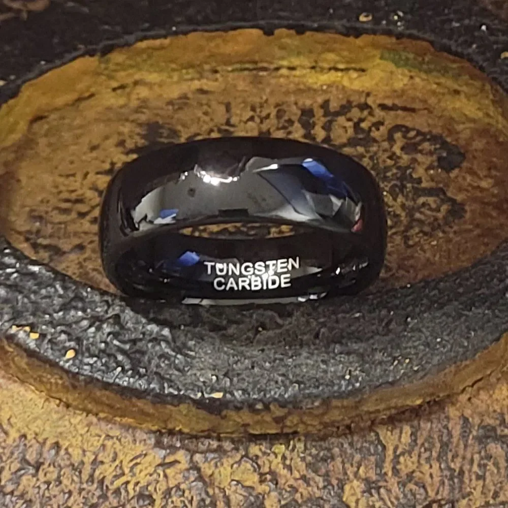 Men's Real Black Tungsten Wedding Band Dome Design Durable Black Coating